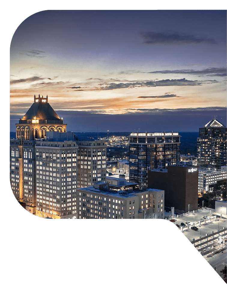 Aerial view of Greensboro, North Carolina at sunset.