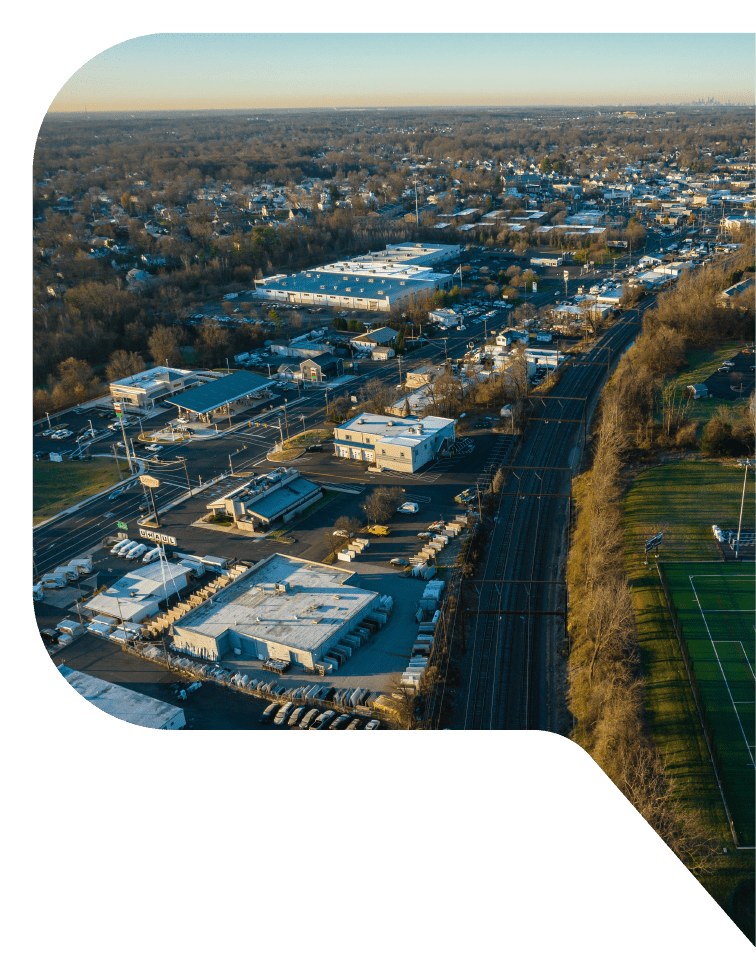 Aerial view of an industrial district in Langhorne, Pennsylvania.