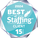 Logo for Best of Staffing client satisfaction 15 year award for 2024.
