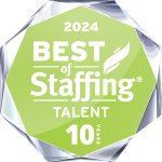 Logo for Best of Staffing talent satisfaction 10 year award for 2024.