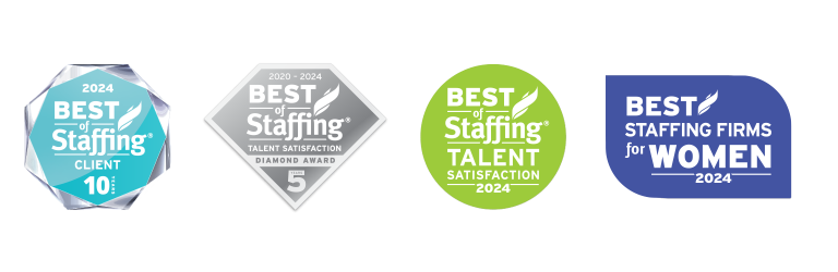 2024 Logos for Best of Staffing satisfaction awards, 10 years for clients, 5 years for talent, 2024 for talent and Best Firms for Women 2024.