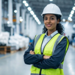 Female warehouse worker in a neon safety vest and white hard hat stands with arms crossed in a spacious industrial facility.