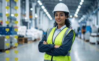 Female warehouse worker in a neon safety vest and white hard hat stands with arms crossed in a spacious industrial facility.
