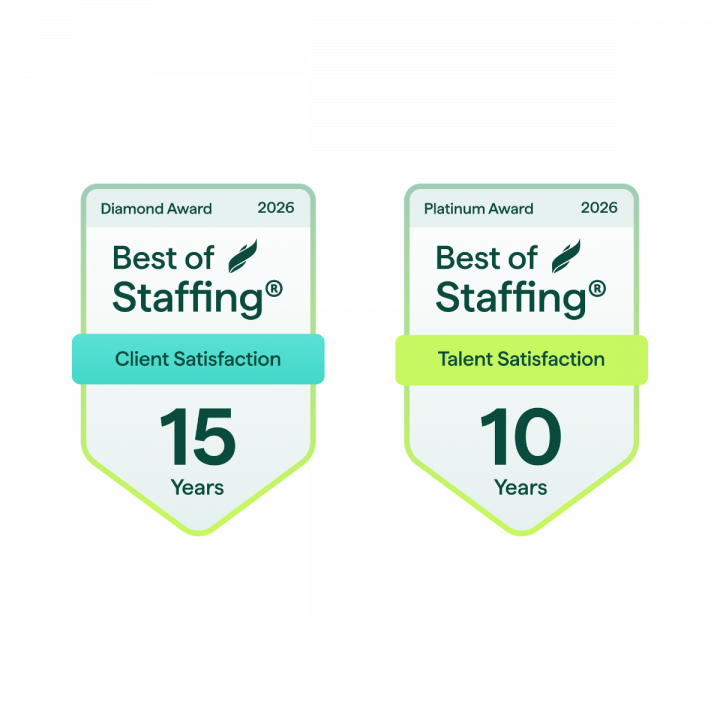 Two Best of Staffing award badges: Diamond Award (Client Satisfaction) with 15 years, and Platinum Award (Talent Satisfaction) with 10 years, both dated 2026.
