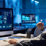 Security analyst monitors network activity on multiple screens in a high-tech operations center with maps and dashboards.