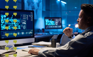 Security analyst monitors network activity on multiple screens in a high-tech operations center with maps and dashboards.