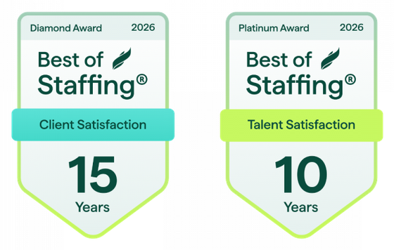 Two Best of Staffing badges: Diamond Award 2026 for Client Satisfaction (15 years) and Platinum Award 2026 for Talent Satisfaction (10 years).